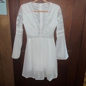 White Lace V Neck See-through Sleeve Mini Dress
